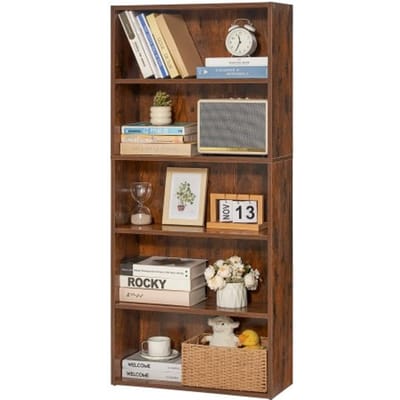 VEVOR Slanke boekenkast met 5 rechthoekige compartimenten en in hoogte verstelbare plank, 1345 mm hoge staande opbergplank van E1-spaanplaat, displayplank voor woonkamer/slaapkamer, bruin
