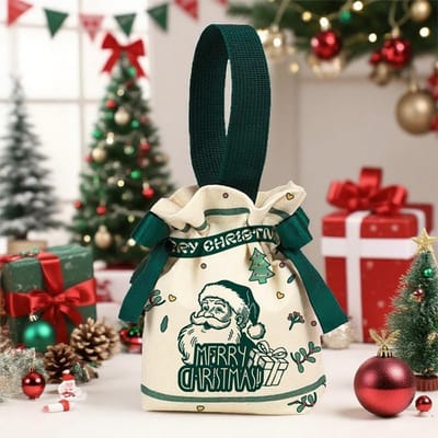Cadeauzakken - Kerstcadeauzakken - 1 Kerstcanvas trekkoordtas met schattige kerstpatronen voor kerstfeestcadeaus, geweldig voor het inpakken van snoep en cadeaus, groen