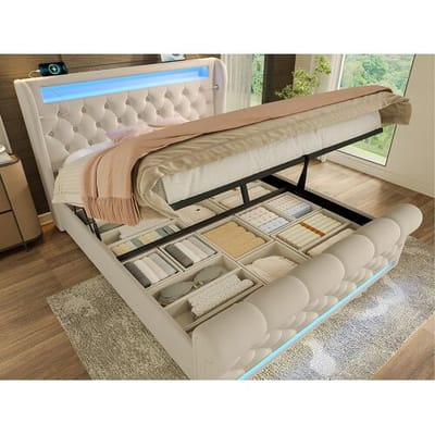ModernLuxe Gestofferd opbergbed 160x200cm - met LED - met USB- en Type-C-poorten - Velvet - Beige