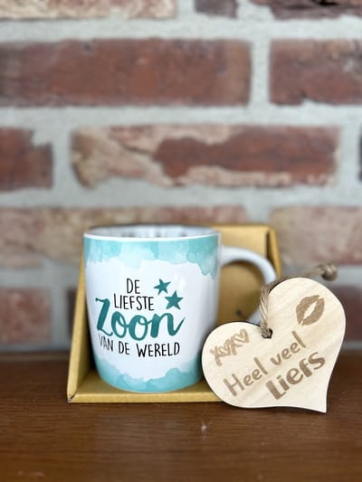 Creaties van hier – Mok Zoon met houten hartje – porselein – 9 cm – cadeau