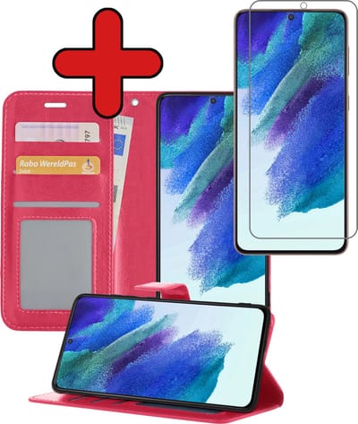 Hoesje - Met Screenprotector - Geschikt voor Samsung Galaxy S21 FE - Luxe Pasjeshouder - Flipcase - Bookcase Portemonee - Flip Case - Kunstleer Book Case - Book Cover - Walletcase - Portemonneehoes - Telefoonhoes - Donkerroze