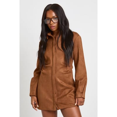 boohoo Dames Namaaksuede jurk met ingesnoerde taille en kraag | Tan | Maat: 8