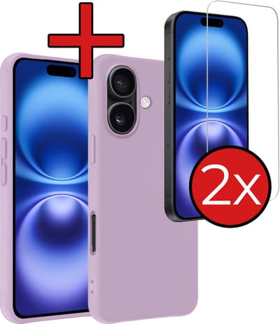Hoesje - Met 2x Screenprotector - Geschikt voor Apple iPhone 16 - Sterk & Shockproof - Telefoon Hoes - Back Cover - Siliconen Case - Telefoonhoes - Lila