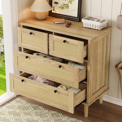Dressoir met 4 lades – Rotan fronten, opbergkast met massiefhouten poten, 80x40x80 cm – Stijlvolle commode voor woonkamer & slaapkamer