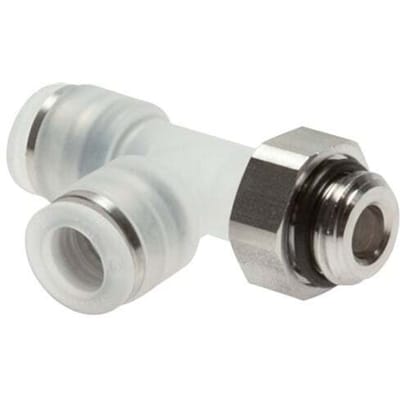 4mm x M 5 rechte hoek T-stuk PA/RVS Insteekfitting Buitendraad FDA Draaibaar EPDM