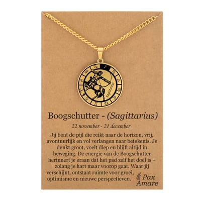 Sterrenbeeld Boogschutter (Sagittarius) Ketting op Cadeau Kaartje - Goudkleurig - Roestvrij Staal Zodiac Talisman - Stainless Steel - 60cm - Pax Amare