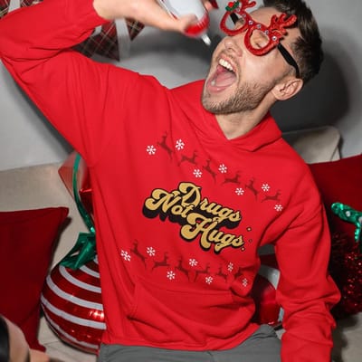 Lekker Waus Foute Kerst Hoodie Rood - Drugs Not Hugs - Maat XS - Kerst Outfit Dames & Heren