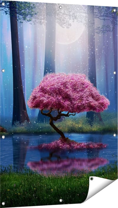 Gards Tuinposter Roze Boom op een Vijver in de Nacht - 80x120 cm - Tuindoek - Tuindecoratie - Wanddecoratie buiten - Tuinschilderij