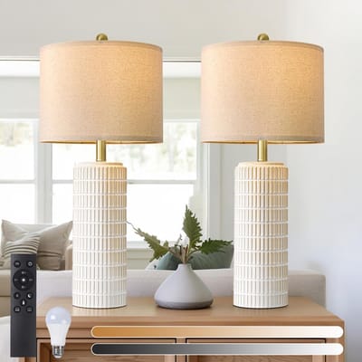 MUPOO 2x Hoge Tafellamp - met Stoffen Kap & Keramiek Voet - Ø30 x 57 cm - met Afstandsbediening - 3000K-6500K - moderne Bedlampjes voor Slaapkamer en Woonkamer - nachtkastlampen voor Bijzettafeltjes, Hal