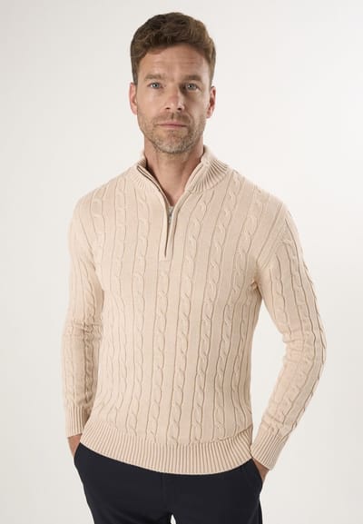 Felix Hardy Kabelgebreide Trui Met Halve Rits - 100% Katoen Heren Beige - 2Xl