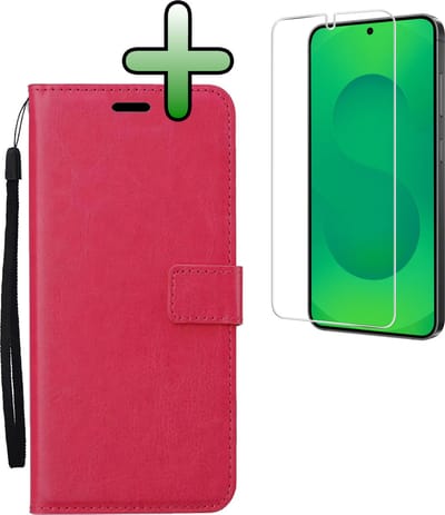 Hoesje Met Screenprotector - Geschikt voor Samsung Galaxy S25 - Luxe Pasjeshouder - Bookcase Portemonee - Flip Case - Kunstleer Book Case - Flipcase - Book Cover - Walletcase - Portemonneehoes - Donkerroze