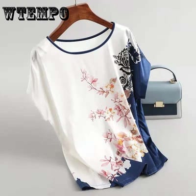 T-shirt décontracté pour femme en tissu soie glacée imprimé, été, col rond, manches courtes, motif floral, tissu soie glacée lisse et respirant M bleu