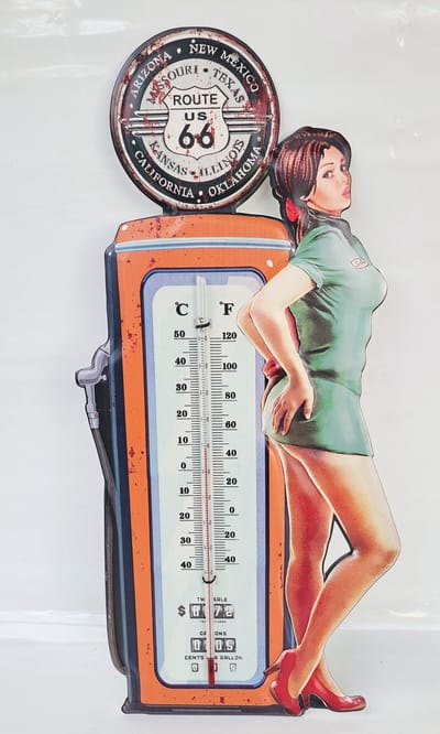 Blikken thermometer HK223 route 66 US groot model voor binnen of buiten route 66 California - Oklahoma - Arizona - New Mexico - hoogte 48 cm - celsius en fahrenheit nostalgic vintage art