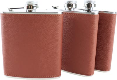 HIXA Heupfles - Bruin - 3 Stuks - Flacon - Veldfles - RVS - Drinkfles - Platvink - Leder - Zakflacon Heupflacon - 200ml - BROWNY