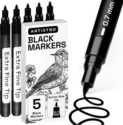 SnelShoppen - Set van 5 Zwarte Verfpennen voor Rotsschilderen, Steen, Keramiek, Hout, Glas, Metaal, Canvas - Waterbasis Extra Fijne Punt voor Creatiev