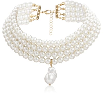 Magnifiques Colliers Ras du Cou Multicouches en Perles d'Imitation pour Femmes Bijoux Perles Irrégulières Chaîne de Perles Collier de Mariage white