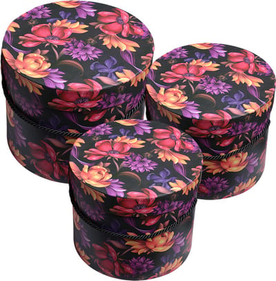 Clayre & Eef Opbergdoos Set van 3 Ø 23x20 / Ø 20x17 / Ø 17x14 cm Oranje Karton Bloemen