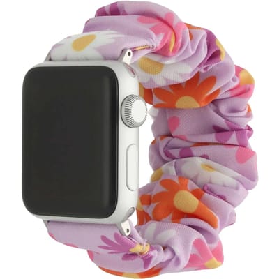 123watches bandje Bloomsy - scrunchie - nylon - bloemen roze - 38 · 40 · 41 & 42 mm · S/M - Geschikt voor Apple Watch series 1/2/3/4/5/6/7/8/9/10/11/12/SE/SE2/SE3