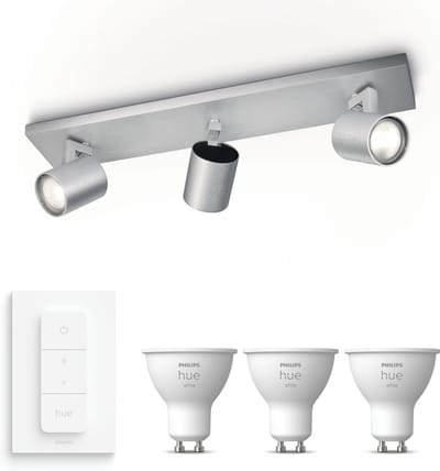 Philips Hue Runner Opbouwspot (Aluminium) - Warmwit Licht - Incl. Hue Dimmer Switch - Plafondspot met 3 Lichtpunten - GU10 - Hue White