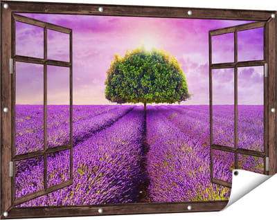 Gards Tuinposter Doorkijk Groene Boom in de Lavendel Bloemen - 120x80 cm - Tuindoek - Tuindecoratie - Wanddecoratie buiten - Tuinschilderij