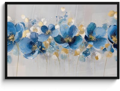 Poster in lijst - Fotolijst 120x80 cm - Posters - Bloemen - Blauw - Abstract - Posterlijst zwart - Decoratie - Wanddecoratie woonkamer - Muurdecoratie slaapkamer