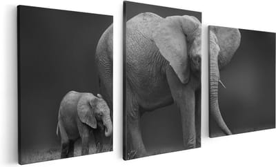 Artaza Canvas Schilderij Drieluik Olifant Moeder En Zoon - Zwart Wit - 120x60 - Foto Op Canvas - Canvas Print