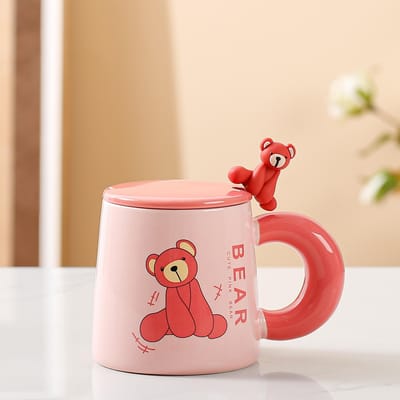 Schattige Cartoon Keramische Kop Roze Beer Mok met Deksel Lepel High Looking Meisje Drinkwater Kop Kantoor Koffiekop about 400ml