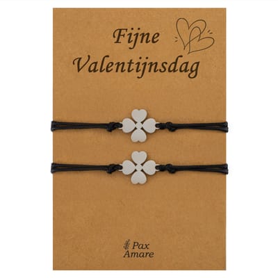 Koppel Armbandjes voor 2 "Fijne Valentijnsdag" - Klavertje Vier - Vriendschapsarmbandjes met Persoonlijk Cadeau Kaartje - Zilverkleurig - Elastisch Verstelbaar - Pax Amare