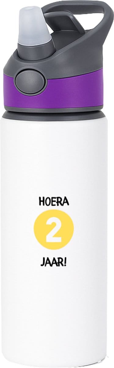 Hacebo® - Hoera 2 jaar waterfles met rietje paars - Verjaardag - Jarigen - Verjaardagscadeau - peuter - Happy birthday - water fles - 650ML