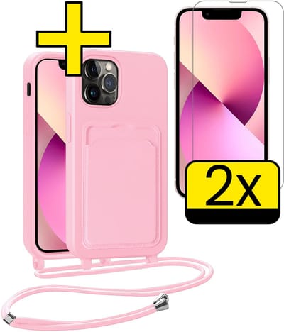 Hoesje Geschikt voor iPhone 13 Pro Telefoonhoesje Met Koord Case Pashouder Met 2x Screenprotector Siliconen - Hoes Geschikt voor iPhone 13 Pro Hoesje Met Kaarthouder - Lichtroze