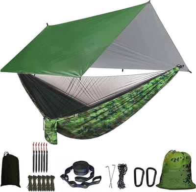 Hangmat met Net - Kampeerhangmat Tent - Outdoor Ontspanning - Inclusief Muggennet - 290 x 140 cm - Groen en camouflage