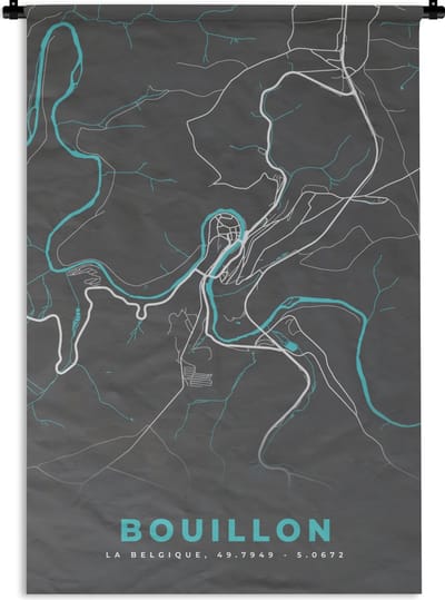 Wandkleed - Wanddoek - Stadskaart – Grijs - Kaart – Bouillon – België – Plattegrond - 120x180 cm - Wandtapijt