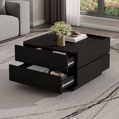 Salontafel Zwart - Draaibare Salontafel - Salontafel Met Lades-Vierkante Salontafel – 360 Graden –Opstaande Rand – Twee Lades - Modern - Woonkamer - 60x60x38 cm- 1 Stuk-Zwart