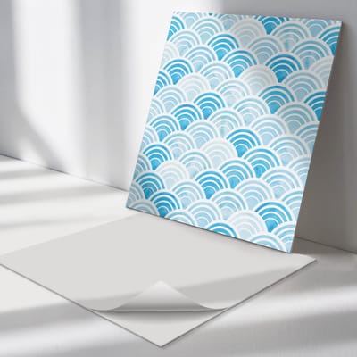 Wallfluent Vinyl Tegels - Golven in Een Harmonieuze opstelling Zelfklevende Vinyl Tegels - 30 cm x 30 cm - Blauw Vinyl Tegels - Verpakking van 9 stuks - Vierkant PVC Tegels - Patroon Plaktegels - Vloer Tegels PVC - Plaktegels Keuken en Badkamer