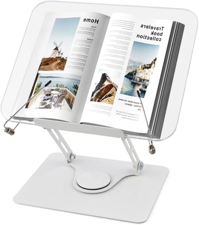 Verstelbare boekenstandaard met 360° draaibare basis, elastische clips en inklapbaar ontwerp voor boeken, recepten en tablets, 4,4-39 cm hoog