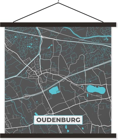 Posterhanger incl. Poster 60x60 cm - Schoolplaat - België – Oudenburg – Stadskaart – Kaart – Blauw – Plattegrond - Textielposter - Zwarte latten - Stadskaart