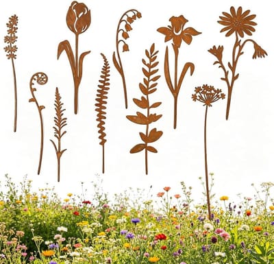 Tuinstekers Bloemen - Roestdecoratie Metalen - Tuin Verfraaien - Unieke Patina Look - 10 Stuks - Roestkleur