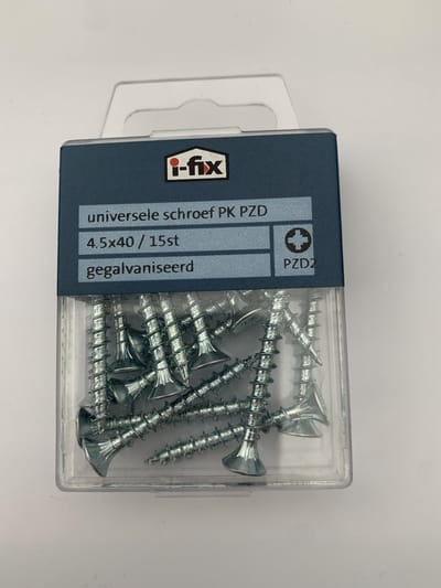 Houtschroef. 4.4 x 45mm. lang. Platkop-Kruiskop-PZD-2. Verzinkt. 15 stuks Spaanplaatschroeven. Ifix.