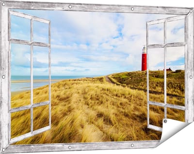 Gards Tuinposter Doorkijk Vuurtoren met Duinen in Texel - 120x80 cm - Tuindoek - Tuindecoratie - Wanddecoratie buiten - Tuinschilderij