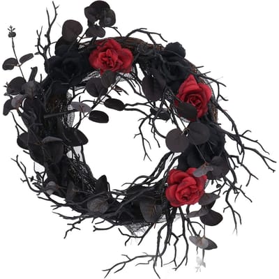 Couronne d'Halloween Noir Mort ABS Design Branches Artificielles avec Fleur Rouge Couronne de Porte Guirlande pour Décoration black