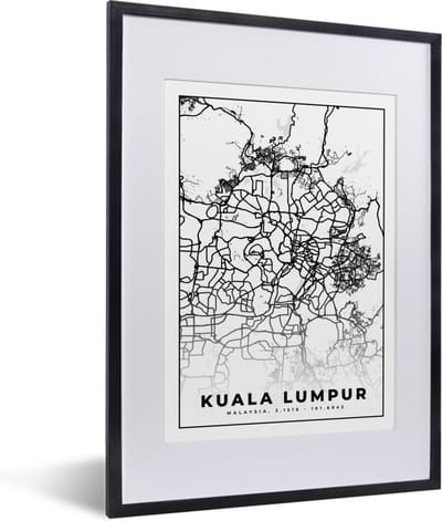 Fotolijst incl. Poster Zwart Wit- Kuala Lumpur - Kaart - Stadskaart - Plattegrond - Zwart Wit - 30x40 cm - Posterlijst