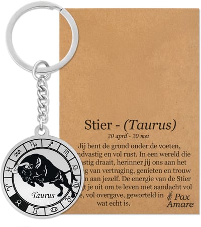 Sterrenbeeld Stier (Taurus) Sleutelhanger op Cadeau Kaartje – Spiritueel Cadeau van Roestvrij Staal – Zilverkleurig – Pax Amare