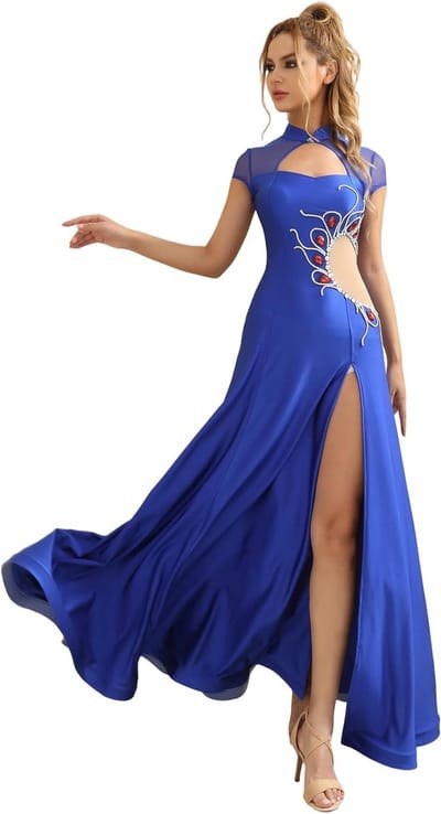 Oosterse dansjurk voor buikdans, strass-jurk in blauw, kostuum voor dansers met korte mouwen en elegante uitstraling