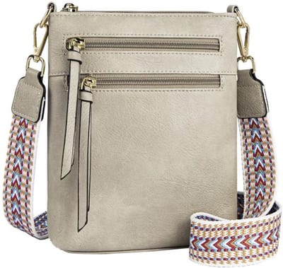 Crossbody Bag Lichtgewicht - Schoudertas Dames - Vegan Leer - Medium Formaat 20cm x 17.5cm x 4.5cm - Verstelbare Schouderband - Crème Grijs/Bruin