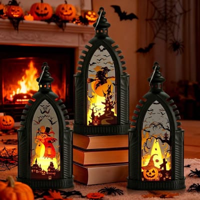 Halloween lampionnen set - 3 stuks - pompoen, skelet en heks - sfeervolle verlichting voor buitengebruik - ShopVlot