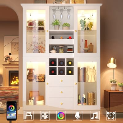 Wijnkast - 180,5x120x40 cm - Buffetkast met LED - App-gestuurd & Glasrek - Hout - Zwart/Wit