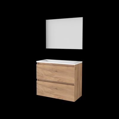 Basic-Line Basic 39 Badkamermeubelset - Ondiep - 80 x 39 cm - Greeploos - 2 Lades - Keramische Wastafel - 1 Kraangat - Spiegel - Whisky Oak