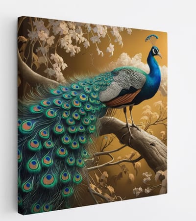 Saammp Canvas Schilderij - Pauw tussen de bloemen en vlinders - Dieren - Natuur - 20x20 - Foto op canvas - Wanddecoratie - muurdecoratie Woonkamer - Slaapkamer decoratie - Canvas Print