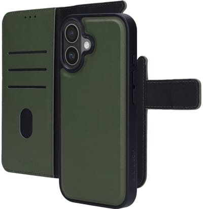 Mobiparts hoesje geschikt voor Apple iPhone 17 - Wallet 2-in-1 Boekhoesje - MagSafe - Echt Leder - Uitneembare Case - Sterke Magneet Sluiting - Contactloos betalen - Groen