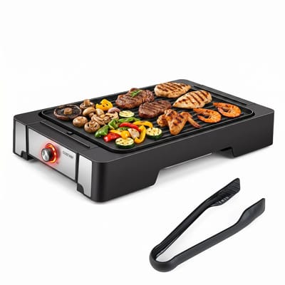 COSTWAY Elektrische Grill, 2300W Tafelgrill met Antiaanbakgrillplaat | BBQ Grill met 2 Verhittingszones & Vetopvangschaal, Elektrische Balkongrill incl. Grilltang, voor Kamperen & Balkon, 53x31x8,5 cm